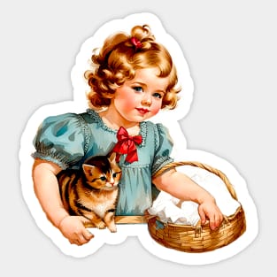 Little girl in a green dress with her beloved brindle kitten Sticker